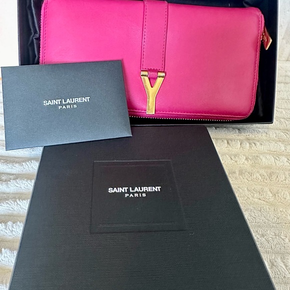 YSL SAINT LAURENT Pink Leather Zip Around Long Wallet - Picture 1 of 12